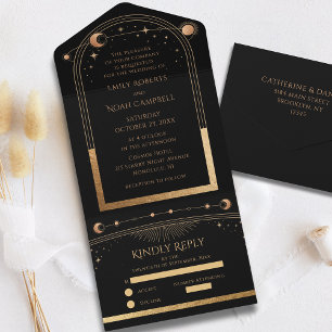 Celestial Black Gold Sun Moon Stars Wedding All In One Invitation