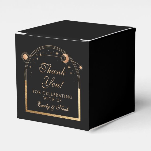 Celestial Black Gold Sun Moon Stars Wedding Favor Boxes (Front Side)