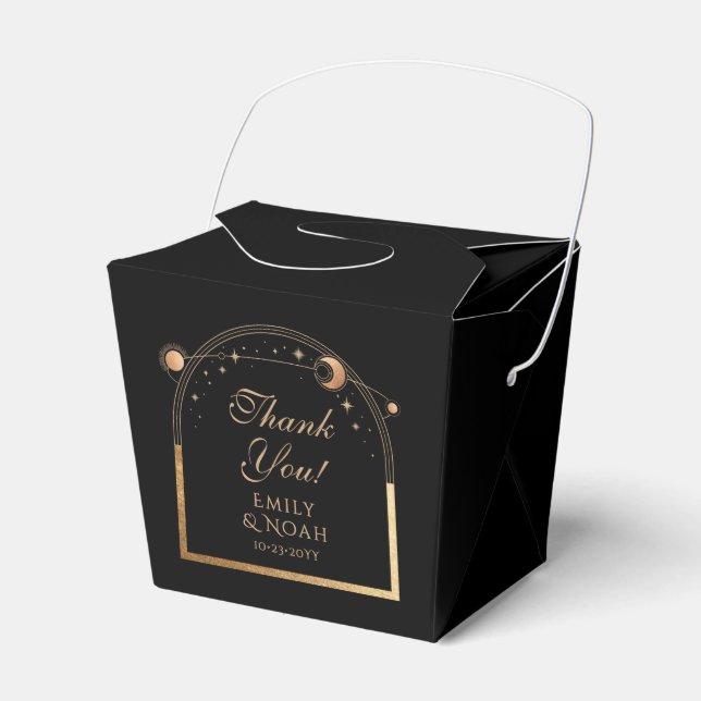 Celestial Black Gold Sun Moon Stars Wedding Favor Boxes (Front Side)
