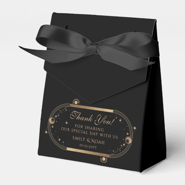 Celestial Black Gold Sun Moon Stars Wedding Favor Boxes (Front Side)
