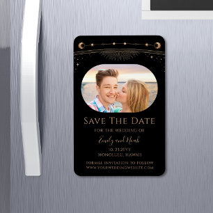 Celestial Black Gold Sun Moon Stars Wedding Photo Magnet