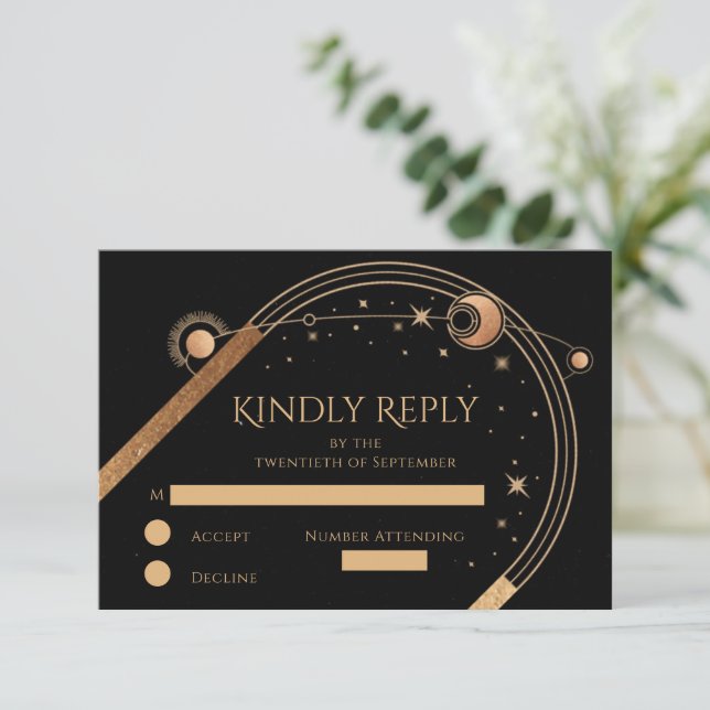 Celestial Black Gold Sun Moon Stars Wedding RSVP Card (Standing Front)