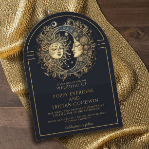 Celestial Black Gold Sun Moon Wedding  Invitation