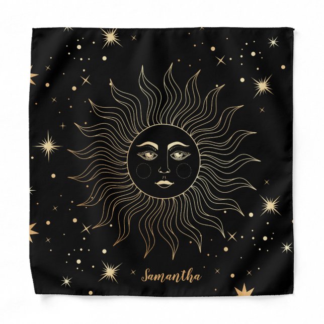 Celestial Black Gold Sun Stars Universe Name Bandana (Front)