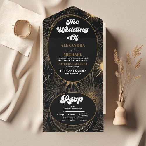 Celestial Black Gold Wedding All In One Invitation