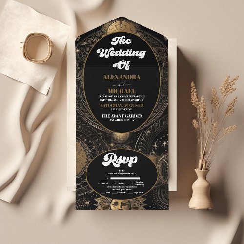 Celestial Black Gold Wedding All In One Invitation