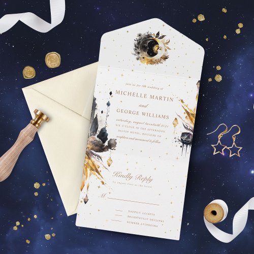 Celestial Black Gold Wedding All In One Invitation