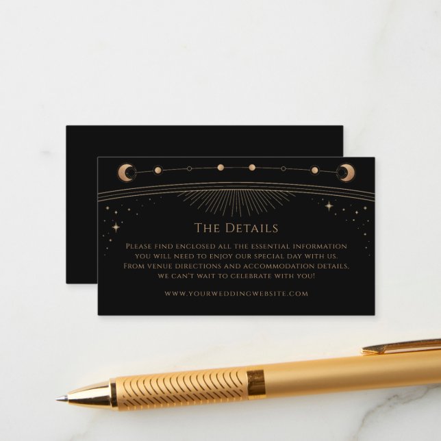 Celestial Black Gold Wedding Details Enclosure Card (Front/Back In Situ)