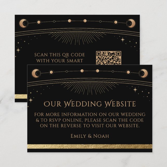 Celestial Black Gold Wedding Website RSVP QR Code Enclosure Card (Front/Back)