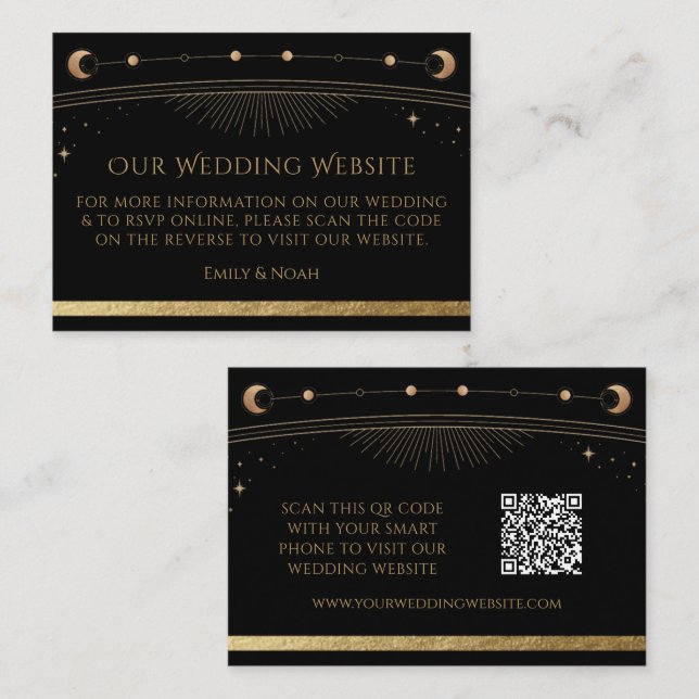 Celestial Black Gold Wedding Website RSVP QR Code Enclosure Card (Front/Back)