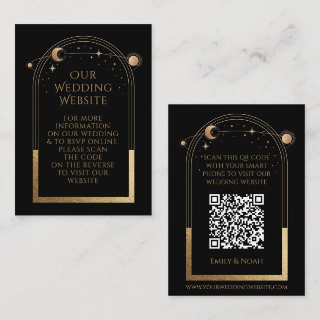Celestial Black Gold Wedding Website RSVP QR Code Enclosure Card (Front/Back)