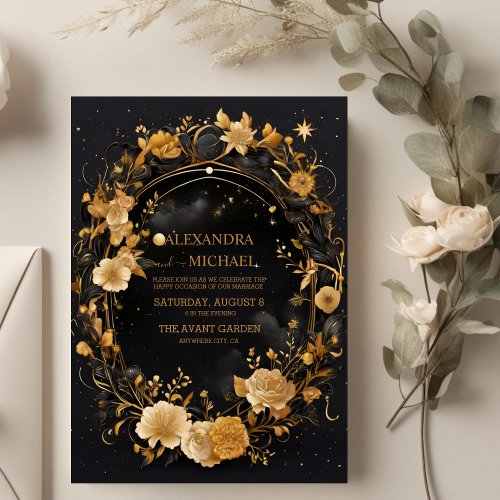 Celestial Black Golden Moon Wedding Invitation