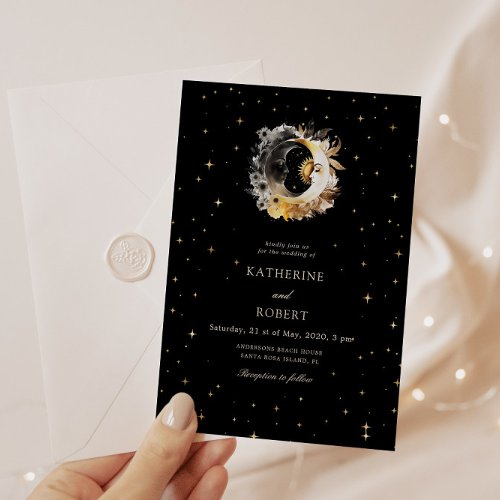 Celestial Black Golden Moon Wedding Invitation