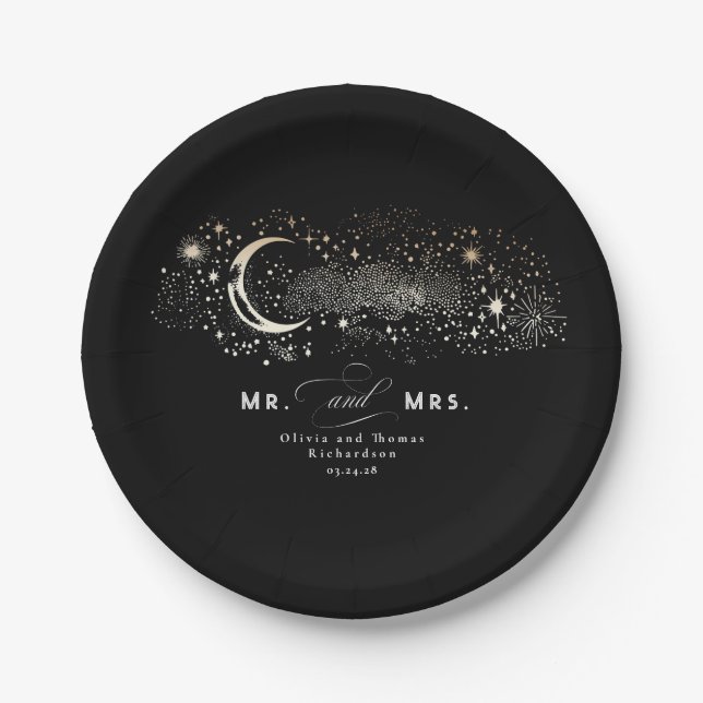 Celestial Black Mr and Mrs Wedding Paper Plates (Front)