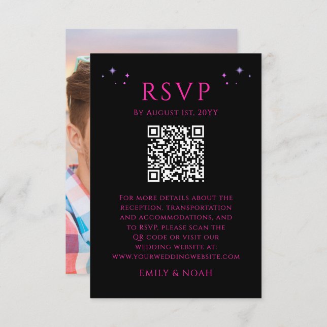 Celestial Black Purple Budget QR Code RSVP Photo Enclosure Card (Front/Back)