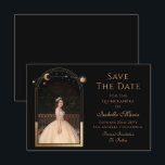 Celestial Black Save The Date Birthday Quinceanera<br><div class="desc">Celestial Black Save The Date Birthday Quinceanera Invitation features a gold sun, moon and stars frame on a black background. Inside is your favorite photo and your custom Quinceanera save the date information. Personalize by editing the text in the text boxes and adding your favorite photo. Designed for you by...</div>