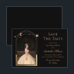 Celestial Black Save The Date Birthday Quinceanera<br><div class="desc">Celestial Black Save The Date Birthday Quinceanera Invitation features a gold sun, moon and stars frame on a black background. Inside is your favorite photo and your custom Quinceanera save the date information. Personalize by editing the text in the text boxes and adding your favorite photo. Designed for you by...</div>