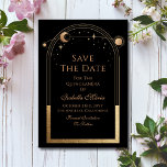 Celestial Black Save The Date Birthday Quinceanera<br><div class="desc">Celestial Black Save The Date Birthday Quinceanera Invitation features a gold sun,  moon and stars frame on a black background. Inside is your custom Quinceanera save the date information. Personalize by editing the text in the text boxes. Designed for you by ©2024 Evco Studio www.zazzle.com/store/evcostudio</div>