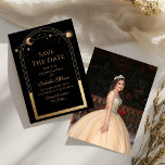 Celestial Black Save The Date Birthday Quinceanera<br><div class="desc">Celestial Black Save The Date Birthday Quinceanera Invitation features a gold sun, moon and stars frame on a black background. Inside is your custom Quinceanera save the date information and on the reverse add your favorite photo. Personalize by editing the text in the text boxes. Designed for you by ©2024...</div>