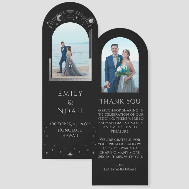 Celestial Black Silver Photo Wedding Thank You Bookmarks (Front & Back)