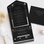 Celestial Black Silver Sun Moon Astronomy Wedding All In One Invitation<br><div class="desc">Celestial Black Silver Sun Moon Astronomy Wedding All In One Invitation features shades of silver sun, moon and stars with a stylish frame on a black background. Inside is your custom wedding invitation information. Below is the removable RSVP card with three meal choice options for you guests to remove and...</div>