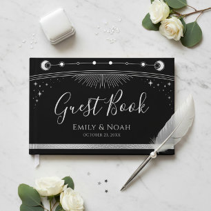 Celestial Black Silver Sun Moon Stars Wedding Guest Book