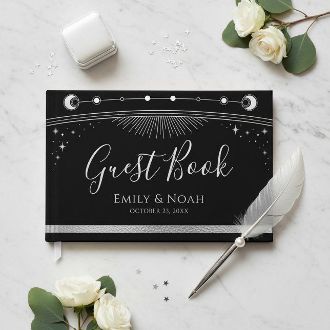Celestial Black Silver Sun Moon Stars Wedding  Guest Book (Creator Uploaded)