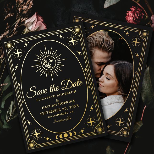 Celestial Black Tarot Wedding Photo Save the Date  Foil Invitation (Creator Uploaded)