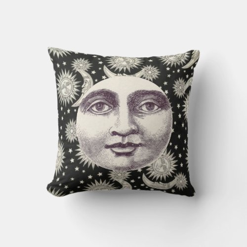 Celestial Black Vintage Man in the Moon Face Throw Pillow