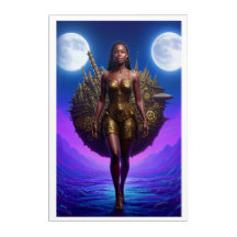 Celestial Black Warrior Goddess Between Twin Moons