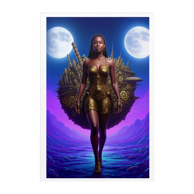 Celestial Black Warrior Goddess Between Twin Moons Acrylic Print (Front)