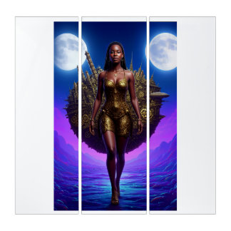 Celestial Black Warrior Goddess Between Twin Moons Triptych