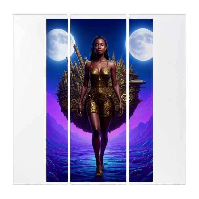 Celestial Black Warrior Goddess Between Twin Moons Triptych (Front)