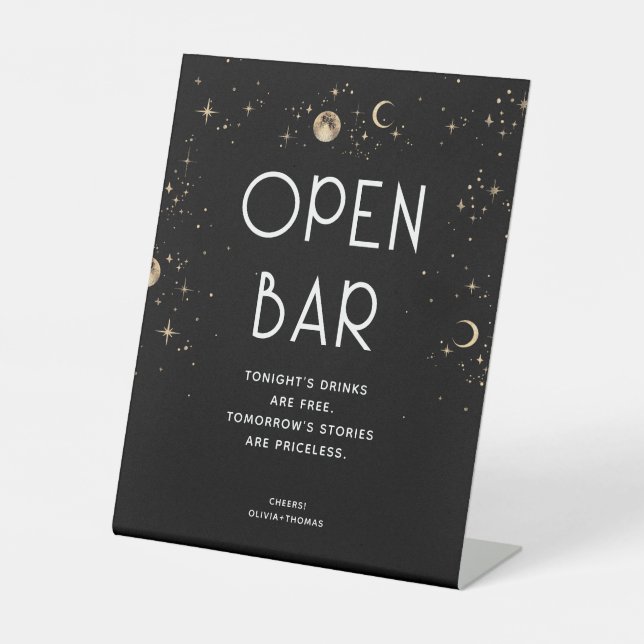 Celestial Black Wedding Open Bar Pedestal Sign (Front)