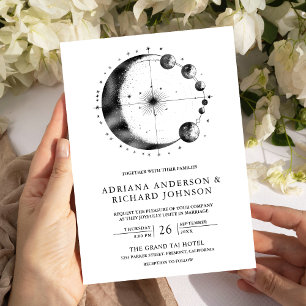 Celestial Black White Crescent Moon Phases Wedding Invitation