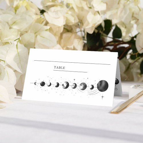 Celestial Black White Crescent Moon Phases Wedding Place Card