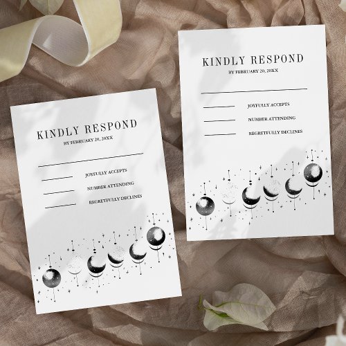 Celestial Black White Crescent Moon Phases Wedding RSVP Card