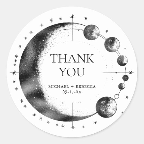 Celestial Black White Moon Phase Wedding Thank You Classic Round Sticker