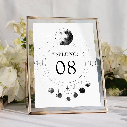 Celestial Black White Moon Phases Wedding Table Number
