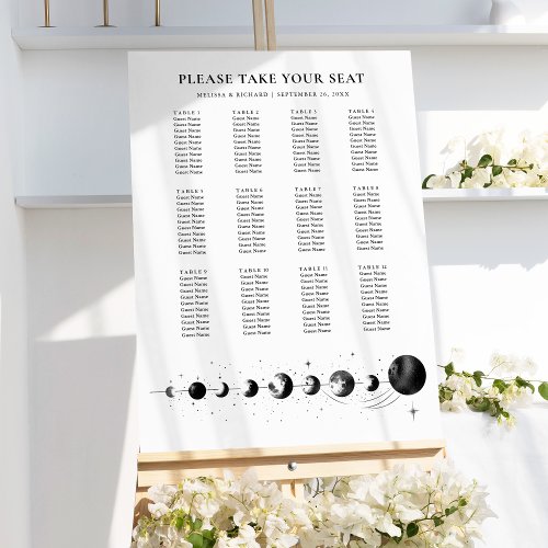 Celestial Black White Moon Wedding Seating Chart Foam Board