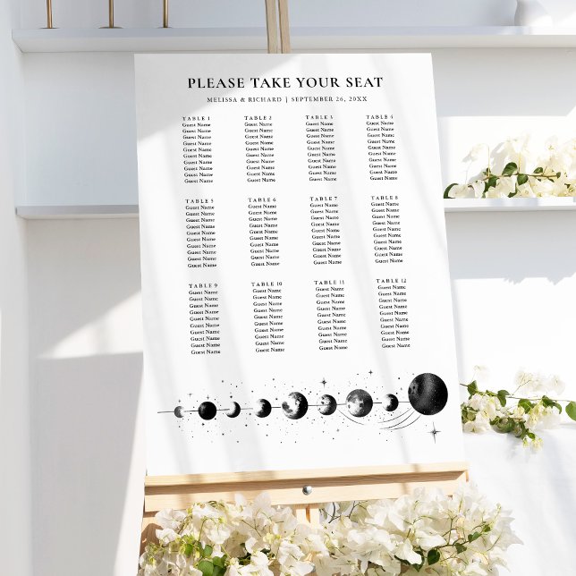 Celestial Black White Moon Wedding Seating Chart Foam Board (Creator Uploaded)