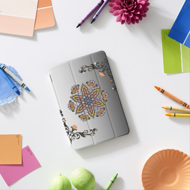 Celestial Bloom – Black & White Mandala Art iPad Mini Cover (In Situ)