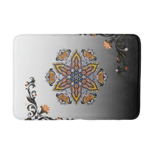 Celestial Bloom – Black & White Mandala Floral Des Bath Mat
