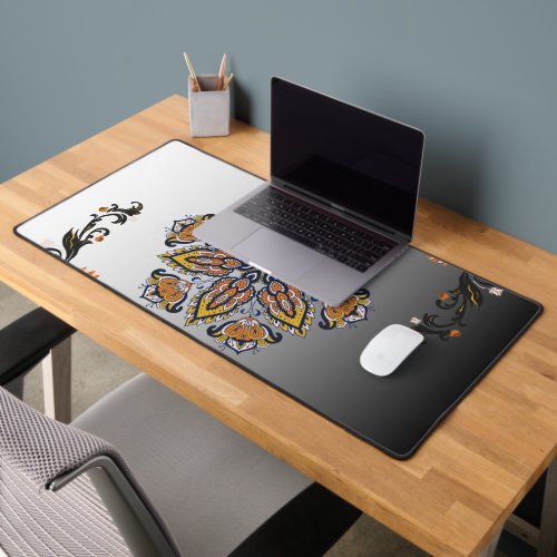 Celestial Bloom – Black & White Mandala Floral Desk Mat