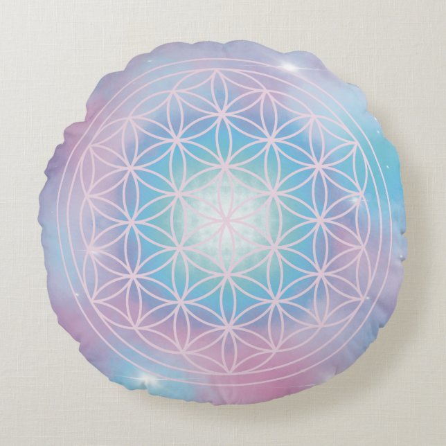 Celestial Bloom – Sacred Geometry Flower of Life Round Pillow (Front)