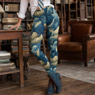 Celestial Blue and Cream Wizard Owl Fluffy Clouds Leggings