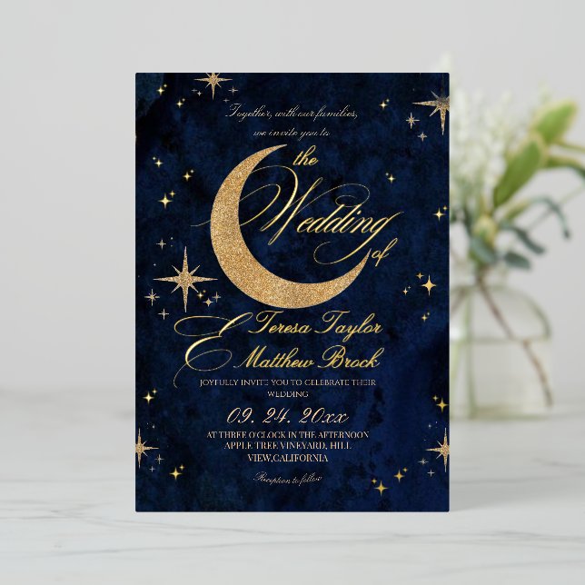 Celestial Blue and Gold Foil Wedding  Invitation (Standing Front)