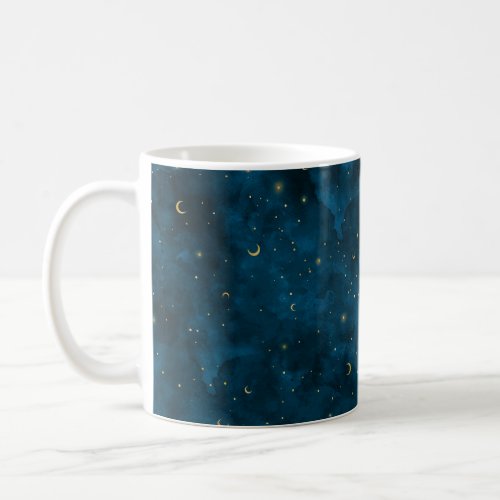 Celestial Blue and Gold Starry Night Crescent Moon Coffee Mug