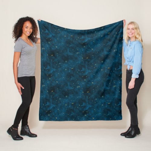 Celestial Blue and Gold Starry Night Crescent Moon Fleece Blanket