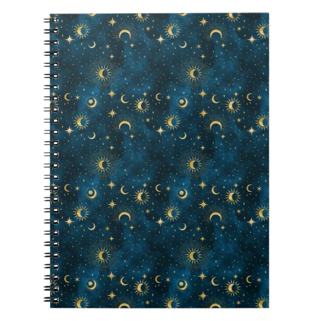 Celestial Blue and Gold Starry Night Crescent Moon Notebook (Front)